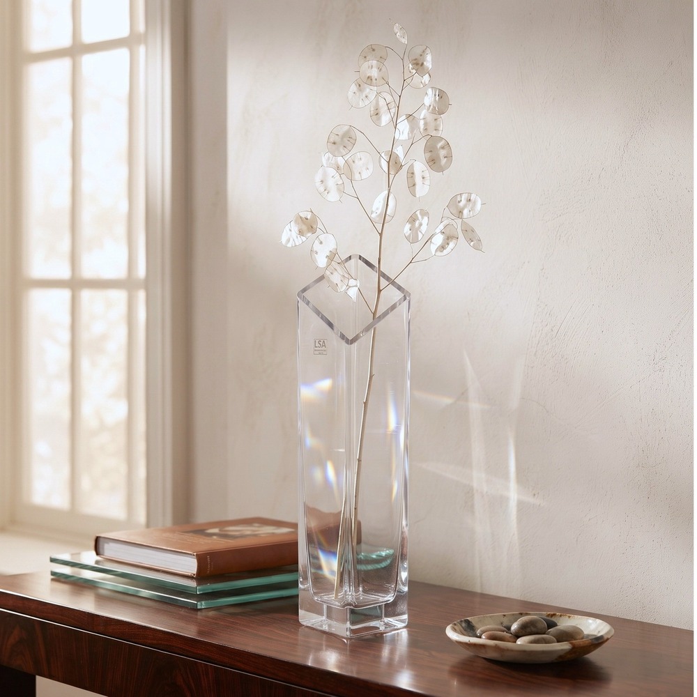 LSA International Handblown Clear Glass Square Vase 15.5 Inch Tall Geometric